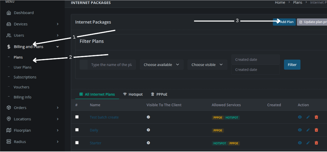 Image showing how to navigate to add new plan on noch wired dashboard