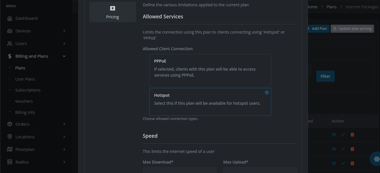 An image showing adding allowed services to an internet plan
