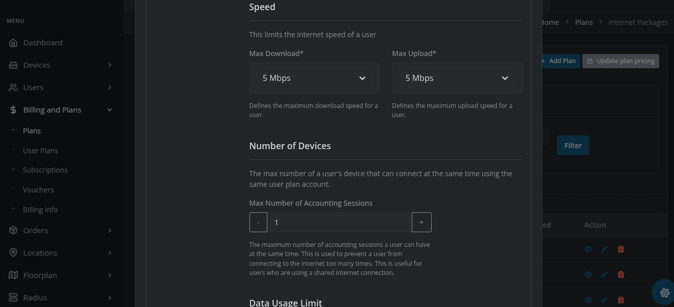 An image showing how to set internet speed limit to a plan