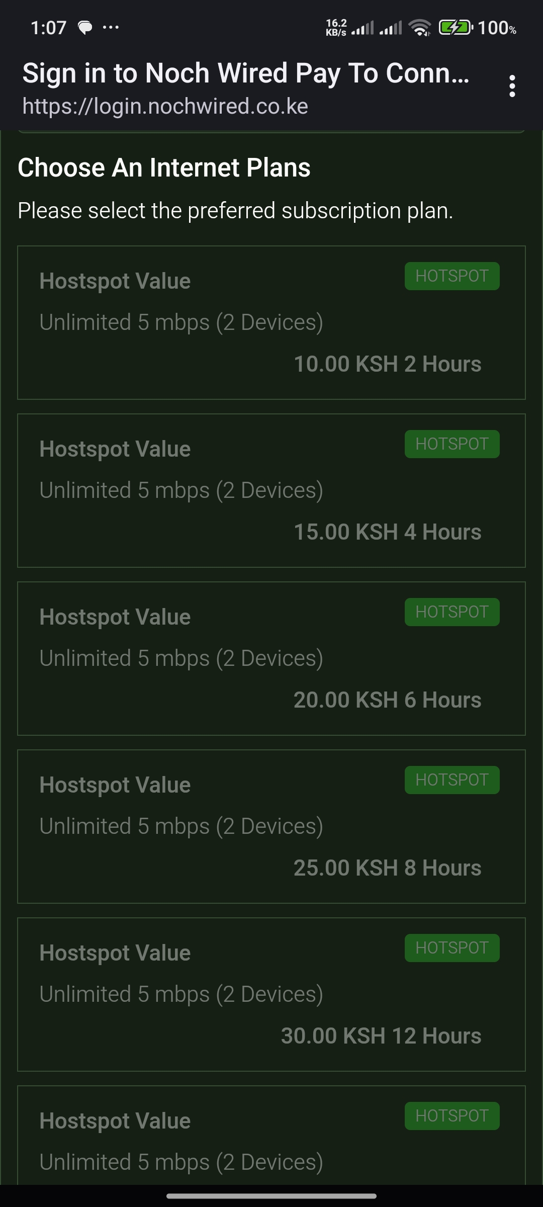 Image showing the plans page showing the internet packages a user can buy
